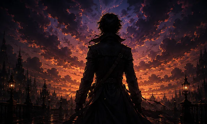 Silhouetted figure beneath a fiery gothic sunset sky