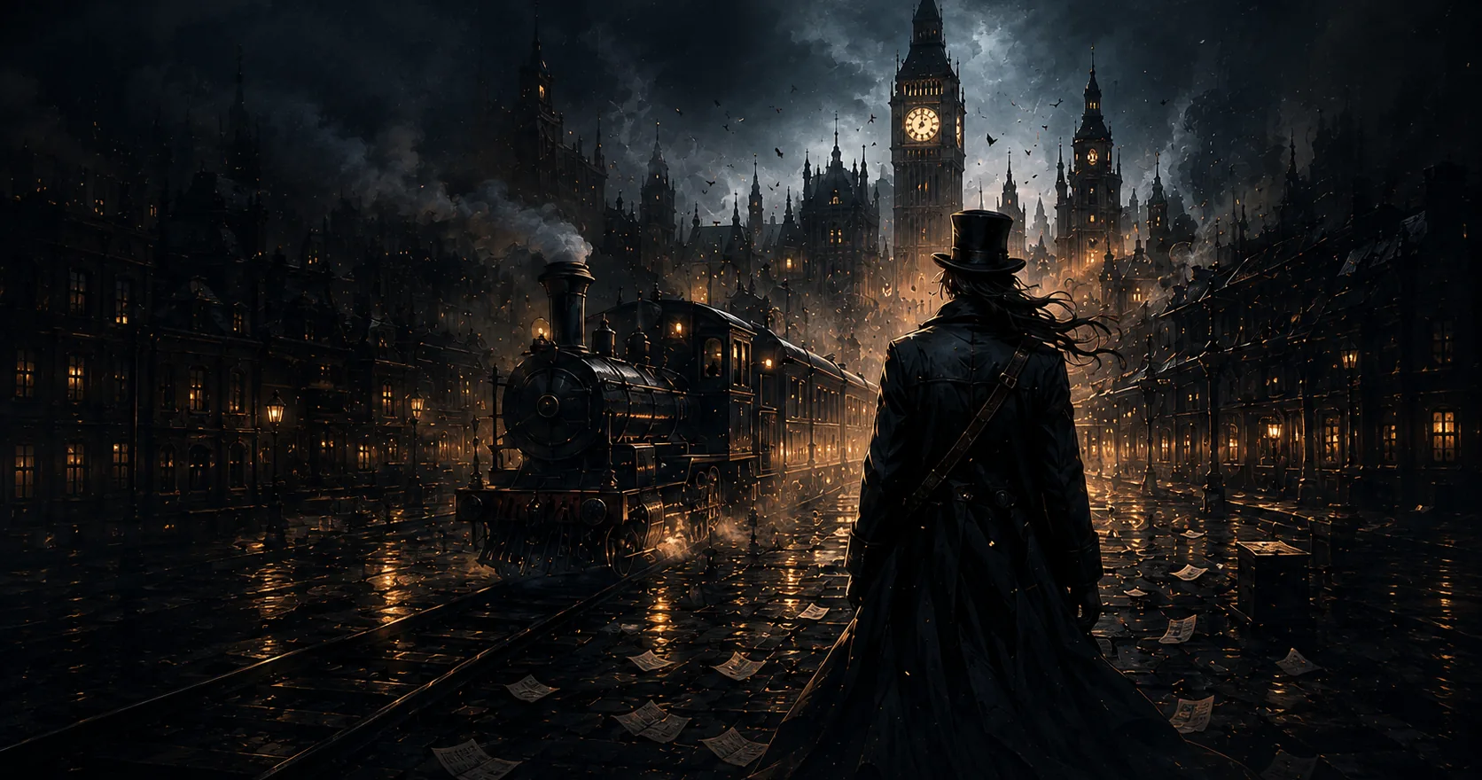 A hooded figure stands before a steam train with Big Ben looming in the misty night, from The Mourning Line